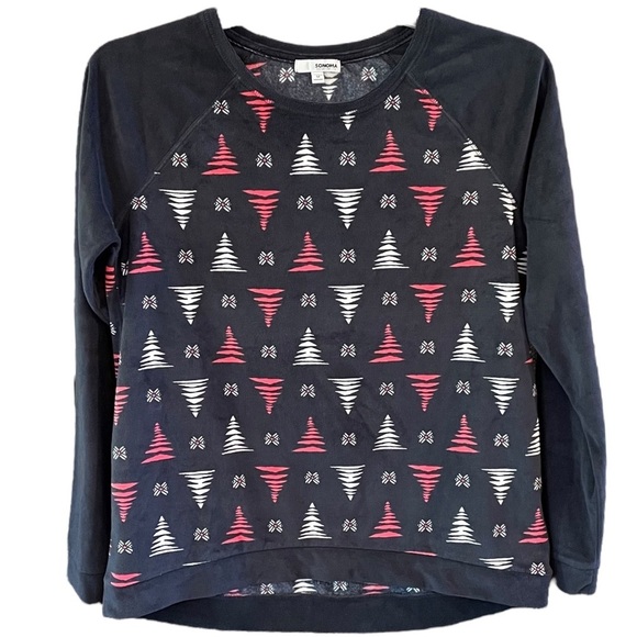 Sonoma Size M Velour Pajama Set Long Sleeve Navy Pink White - Picture 2 of 4